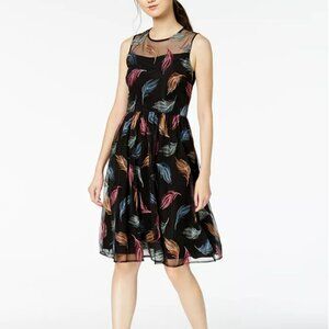 Calvin Klein Black Dress with Colorful Feather Pattern